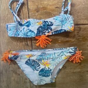 Tropical Print Kids Bikini with Orange Accents